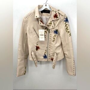 NEW AFTF Basic Designer Moto Cream Leather Floral Embroidered Jacket Coat L NWT